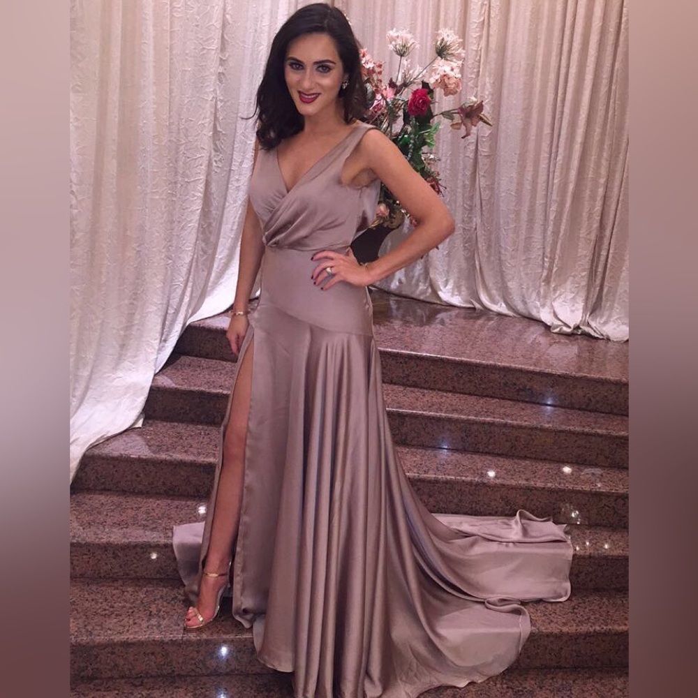 Fame and Partners Satin Champagne Evening Gown